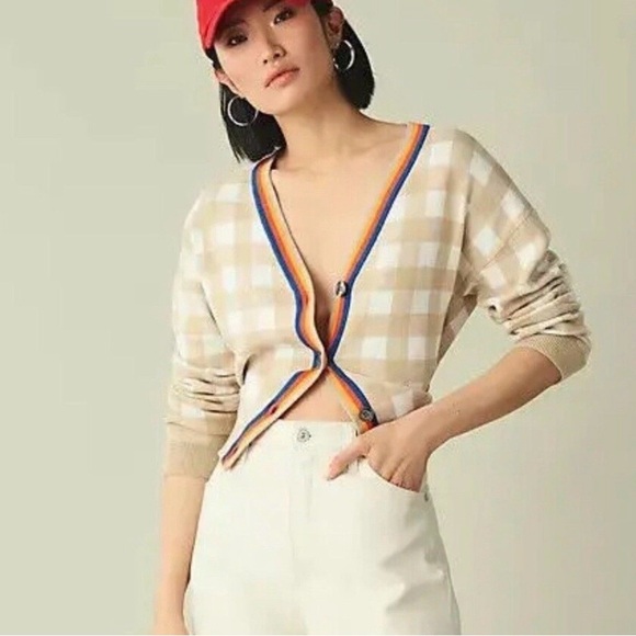 KULE Sweaters - KULE Beige and White Checkered Cardigan with Vibrant Trim